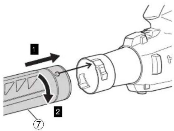 Diagram of a device with labeled parts and directional arrows indicating movement or assembly