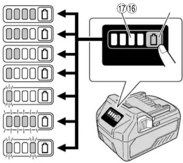 Diagram showing battery arrangement and charging device connection, with numbered labels 17 and 16 pointing to a device panel.