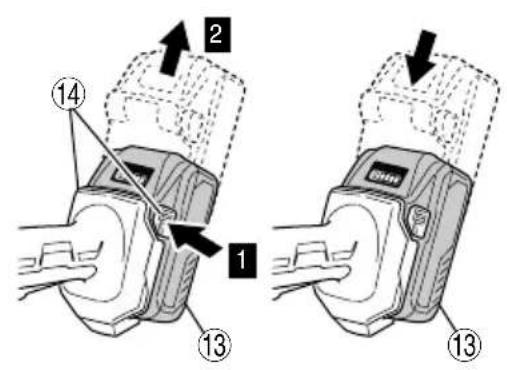 Diagram showing two mechanical device states with numbered parts and directional arrows indicating movement or assembly.