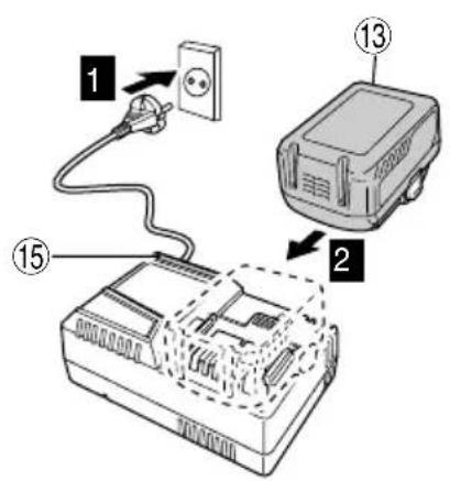 Diagram showing electrical connection to a device with labeled parts 1, 2, and 13, including a plug and cable.