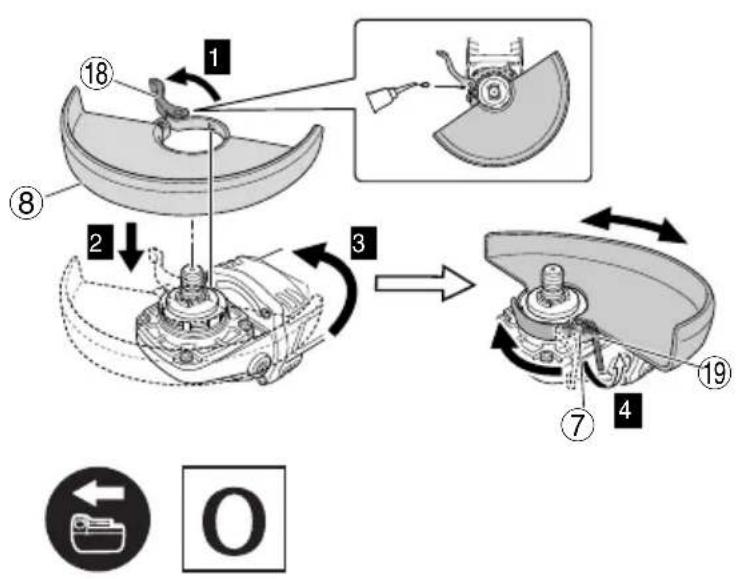 Technical diagram illustrating the mechanical assembly steps of a device, labeled with numbers 1 through 19 and an icon indicating 'O'.