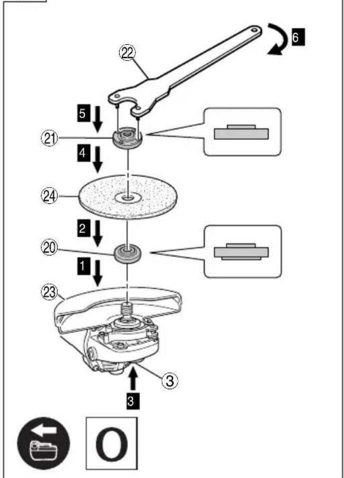 Exploded view diagram of a mechanical assembly with numbered parts and directional arrows indicating assembly steps.