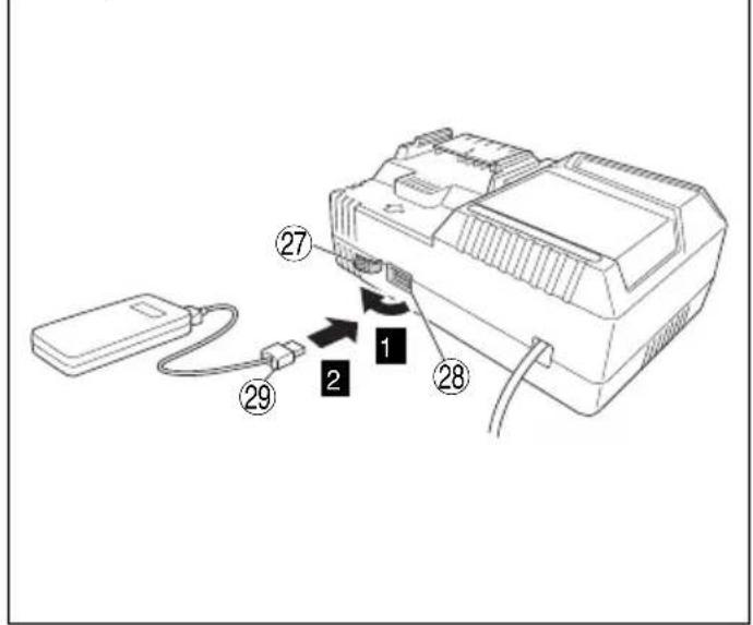 Diagram of an electronic device with labeled components including a power connector, cable, and numbered parts 1, 2, 27, and 28.