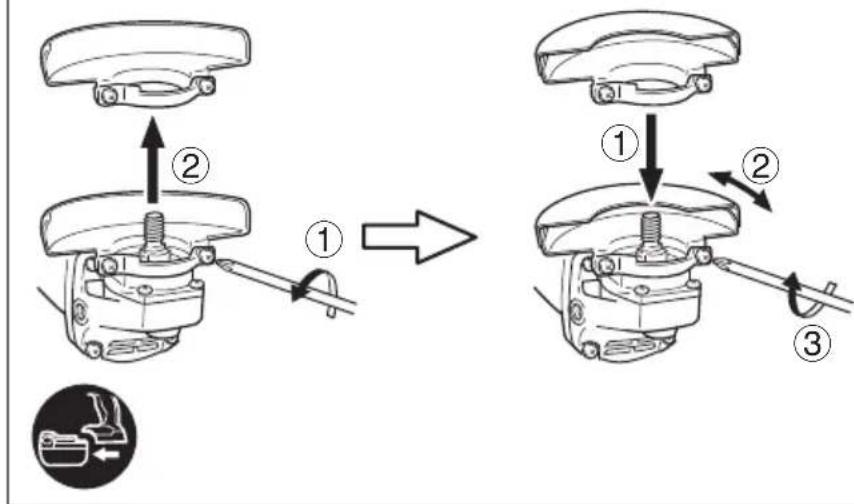 Diagram illustrating mechanical assembly steps with numbered instructions and a magnified view of the component.