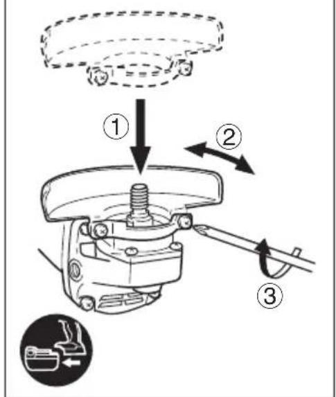 Technical diagram showing mechanical assembly steps with numbered instructions and a close-up inset of the component.