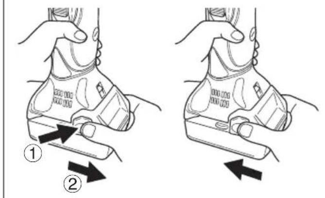 Illustration showing two-step shoe tool manipulation process with numbered arrows indicating step ① and ②.