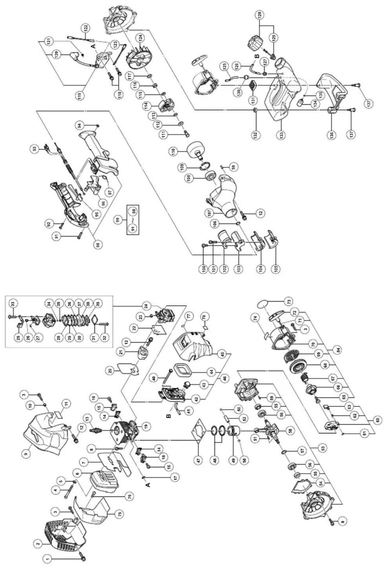 Exploded view diagram of a mechanical assembly with numbered components and labeled parts A, B, and C.