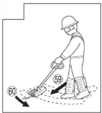 Diagram showing a worker using a metal detector with labeled parts and directional arrows indicating motion or measurement.