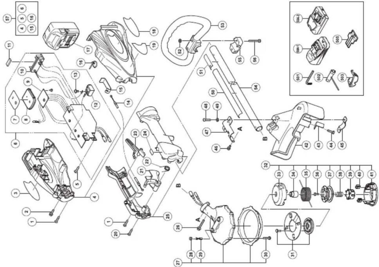 Exploded view diagram of a mechanical assembly with numbered components and labeled parts