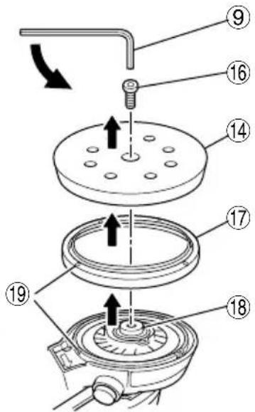 Technical diagram of a mechanical assembly with numbered parts and directional arrows indicating motion or assembly steps.