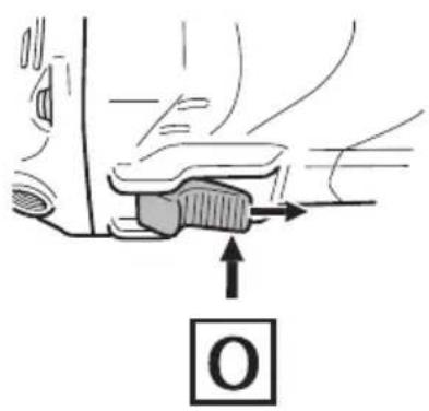 Diagram showing a hand pressing a button labeled 'O' with an arrow indicating direction, likely illustrating a mechanical or electrical component.