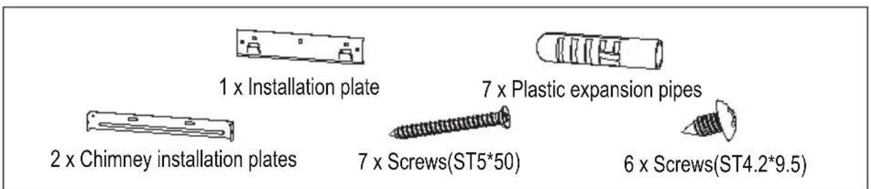 1 x Installation plate 2 x Chimney installation plates 7 x Plastic expansion pipes 7 x Screws(ST5*50) 6 x Screws(ST4.2*9.5)
