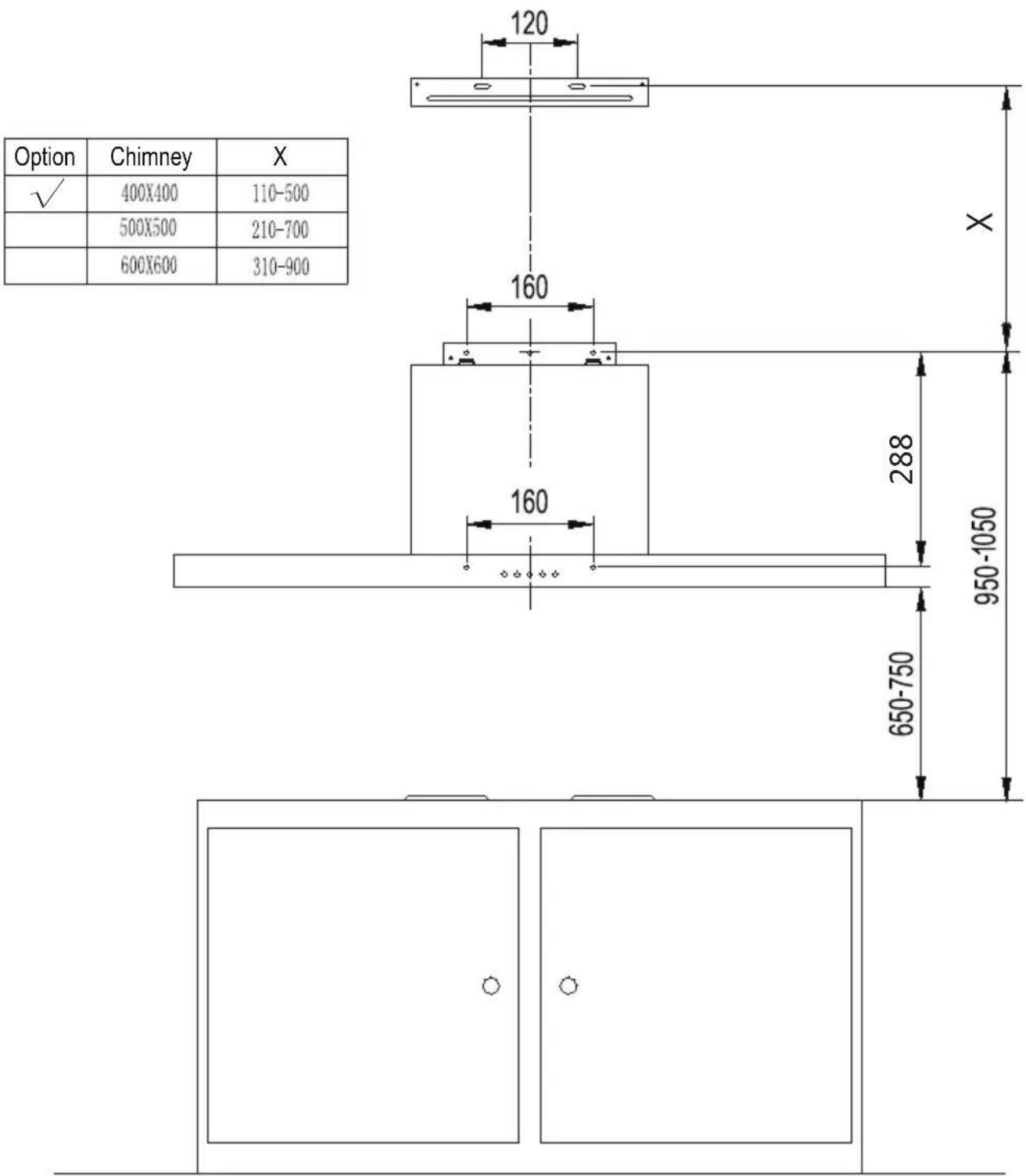Option Chimney X ✓ 400X400 110-500 500X500 210-700 600X600 310-900 120 160 160 288 950-1050 650-750 Option Chimney X