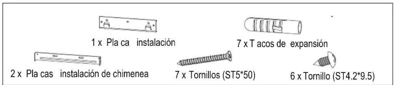 1 x Pla ca instalación 2 x Pla cas instalación de chimenea 7 x T acos de expansión 7 x Tornillos (ST5*50) 6 x Tornillo (ST4.2*9.5)