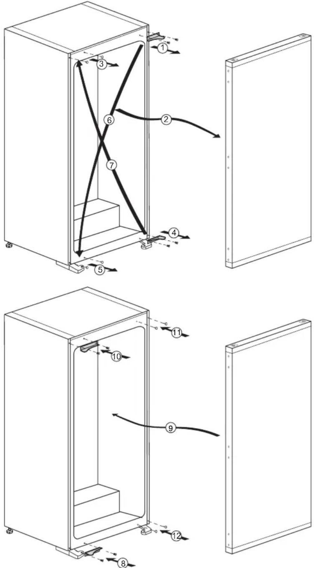 Technical diagram showing 12 numbered mechanical assembly steps with directional arrows indicating motion or force directions.