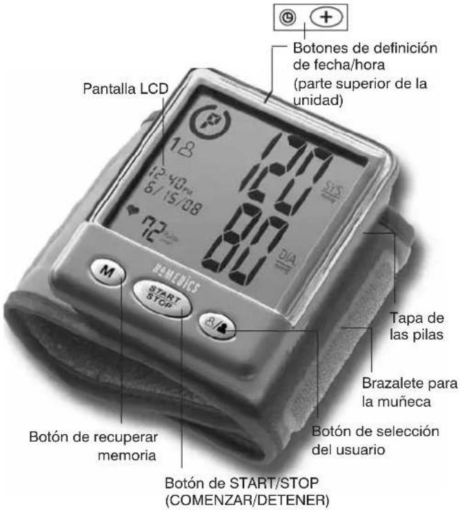 Pantalla LCD 12:40 pm 6/15/08 72 HOMEDICS START STOP Botón de recuperar memoria Botón de START/STOP (COMENZAR/DETENER) Botón de selección del usuario Tapa de las pilas Brazalete para la muñeca