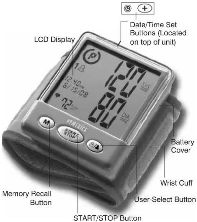 LCD Display 1.8 12:40pm 6/15/08 72 START/STOP Button Date/Time Set Buttons (Located on top of unit) SYS DIA M B/A RENEWLES START STOP Battery Cover Wrist Cuff User-Select Button Memory Recall Button START/STOP Button