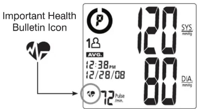 Important Health Bulletin Icon 18 AVG. 12:38PM 12/28/08 72 Pulse /min. 120 120 80 80 SYS. mmHg DIA. mmHg