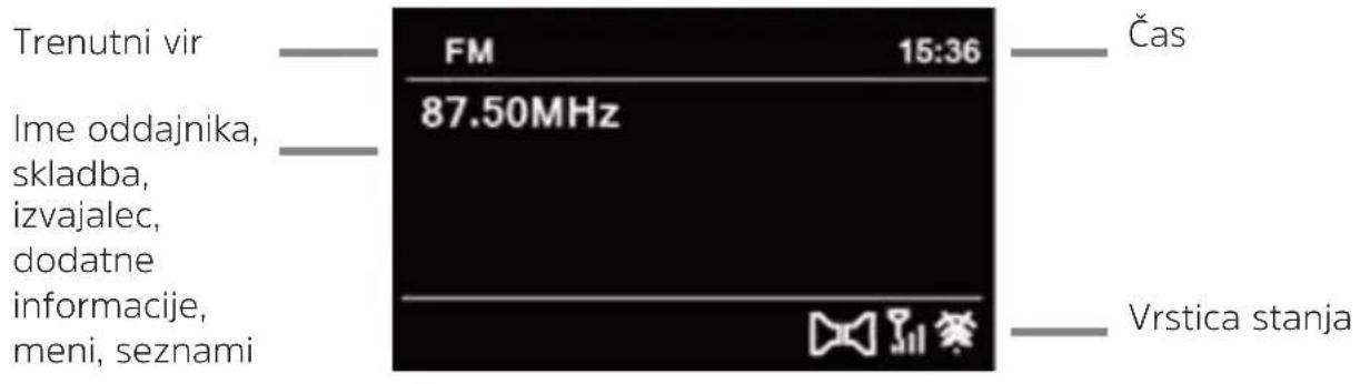 Trenutni vir Ime oddajnika, skladba, izvajalec, dodatne informacije, meni, seznami FM 15:36 Čas 87.50MHz Vrstica stanja