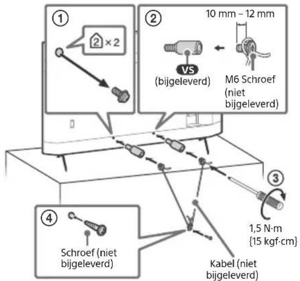 ① ② 10 mm - 12 mm VS (bijgeleverd) M6 Schroef (niet bijgeleverd) ③ 1,5 N·m {15 kgf·cm} ④ Schroef (niet bijgeleverd) Kabel (niet bijgeleverd)