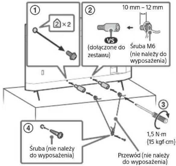 ① ② 10 mm - 12 mm VS (dołączone do zestawu) Śruba M6 (nie należy do wyposażenia) ③ 1,5 N·m {15 kgf·cm} Przewód (nie należy do wyposażenia) ④ Śruba (nie należy do wyposażenia)