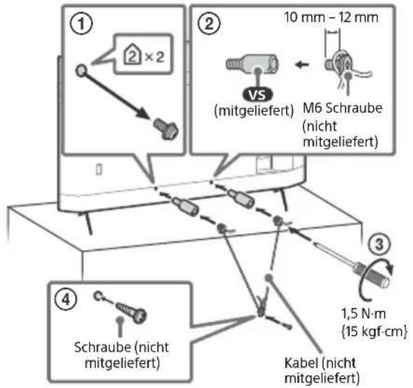 ① ② 10 mm - 12 mm VS (mitgeliefert) M6 Schraube (nicht mitgeliefert) ③ ④ Schraube (nicht mitgeliefert) 1,5 N·m {15 kgf·cm} Kabel (nicht mitgeliefert)