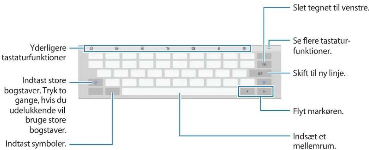 Yderligere tastaturfunktioner Indtast store bogstaver. Tryk to gange, hvis du udelukkende vil bruge store bogstaver. Indtast symboler. Slet tegnet til venstre. Se flere tastatur- funktioner. Skift til ny linje. Flyt markøren. Indsæt et mellemrum.