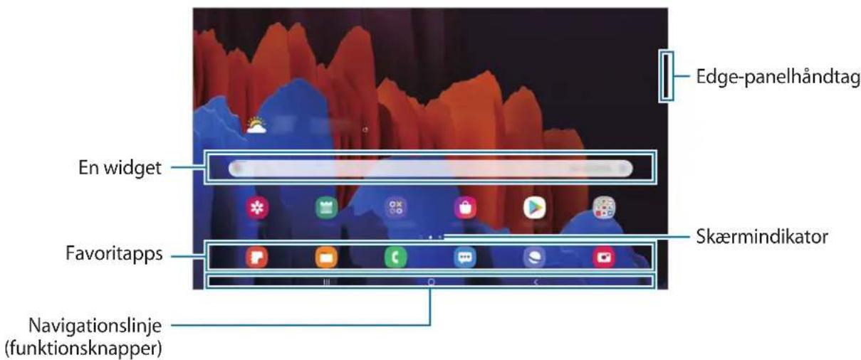 Edge-panelhåndtag En widget Favoritapps Skærmindikator Navigationslinje (funktionsknapper)