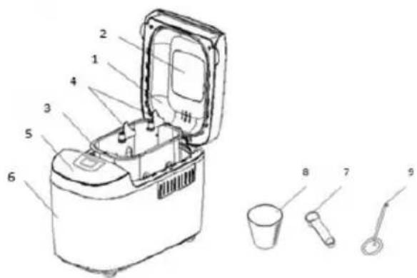 Technical diagram of a microwave oven with numbered parts and labeled accessories