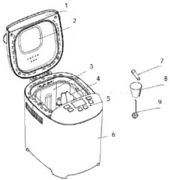 Technical diagram of a microwave oven with numbered parts and a close-up view of the cup.