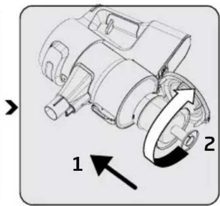 Technical diagram of a mechanical device with labeled parts 1 and 2, showing rotational motion arrows.