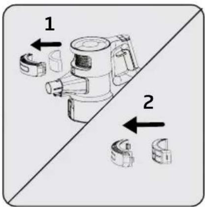 Diagram showing two mechanical components labeled 1 and 2, with arrows indicating movement or assembly.
