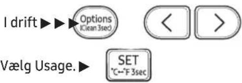 I drift ►►►► Options (Clean 3sec) Vælg Usage.►► SET (°C~°F 3sec)