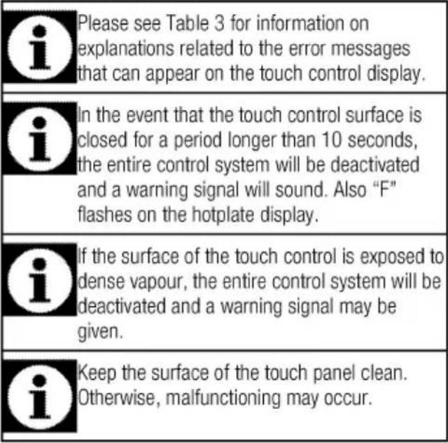 Please see Table 3 for information on explanations related to the error messages that can appear on the touch control display. In the event that the touch control surface is closed for a period longer than 10 seconds, the entire control system will be deactivated and a warning signal will sound. Also "F" flashes on the hotplate display. If the surface of the touch control is exposed to dense vapour, the entire control system will be deactivated and a warning signal may be given. Keep the surface of the touch panel clean. Otherwise, malfunctioning may occur.