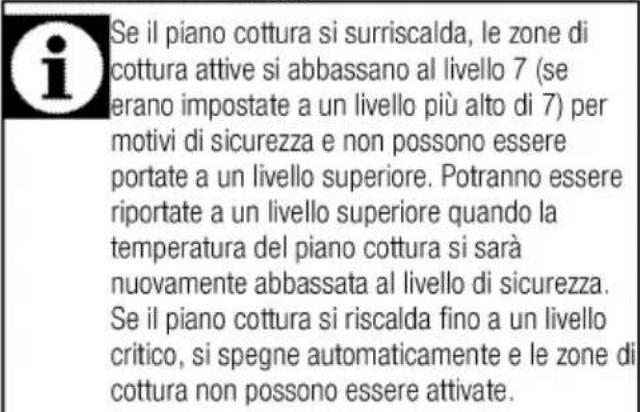 Se il piano cottura si surriscalda, le zone di cottura attive si abbassano al livello 7 (se erano impostate a un livello più alto di 7) per motivi di sicurezza e non possono essere portate a un livello superiore. Potranno essere riportate a un livello superiore quando la temperatura del piano cottura si sarà nuovamente abbassata al livello di sicurezza. Se il piano cottura si riscalda fino a un livello critico, si spegne automaticamente e le zone di cottura non possono essere attivate.