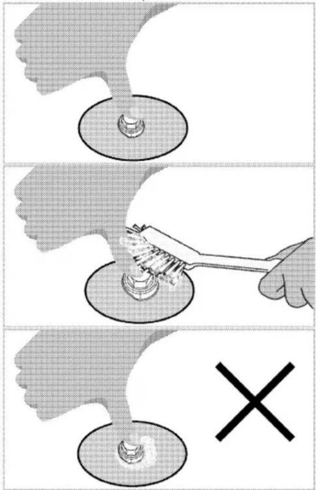 Diagram illustrating a hand using a tool to clean or store items, with a cross symbol indicating cancellation.