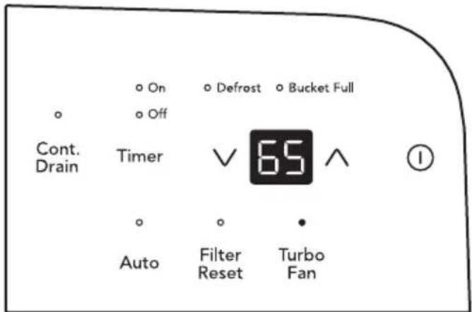 On Defrost Bucket Full Off Cont. Drain Timer 65 Auto Filter Reset Turbo Fan