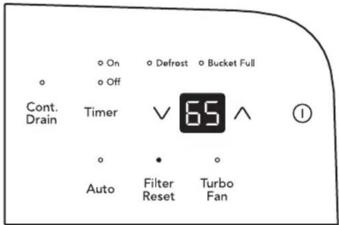 On Off Defrost Bucket Full Cont. Drain Timer 65 Auto Filter Reset Turbo Fan