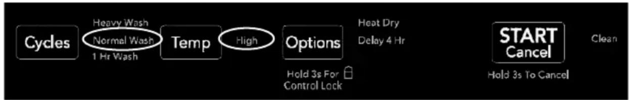 Cycles Heavy Wash Normal Wash 1 Hr Wash Temp High Options Hold 3s For Control Lock Heat Dry Delay 4 Hr START Cancel Hold 3s To Cancel Clean