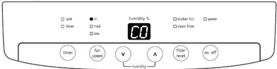 lock timer hi med low humidity % bucket full clean filter power timer fan speed v A filter reset on-off humidity