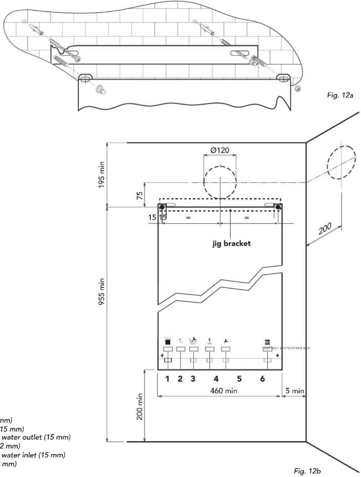 Fig. 12a 195 min Ø120 75 15 15 = = jig bracket 200 955 min 200 min 1 2 3 4 5 6 460 min 5 min mm) 15 mm) water outlet (15 mm) 2 mm) water inlet (15 mm) mm) Fig. 12b