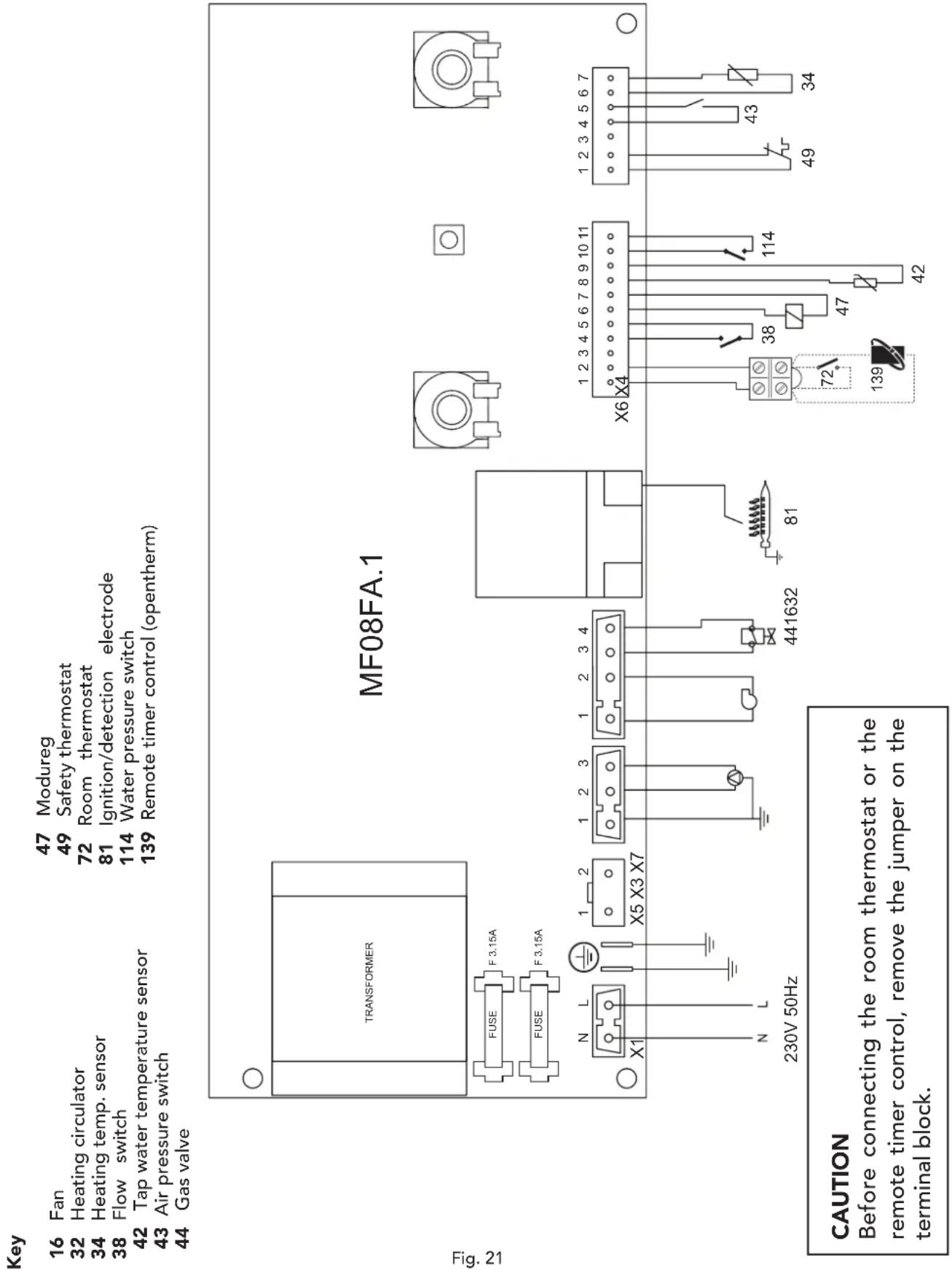 Key 16 Fan 32 Heating circulator 34 Heating temp. sensor 38 Flow switch 42 Tap water temperature sensor 43 Air pressure switch 44 Gas valve 47 Modureg 49 Safety thermostat 72 Room thermostat 81 Ignition/detection electrode 114 Water pressure switch 139 Remote timer control (opentherm) MF08FA.1 Fig.…