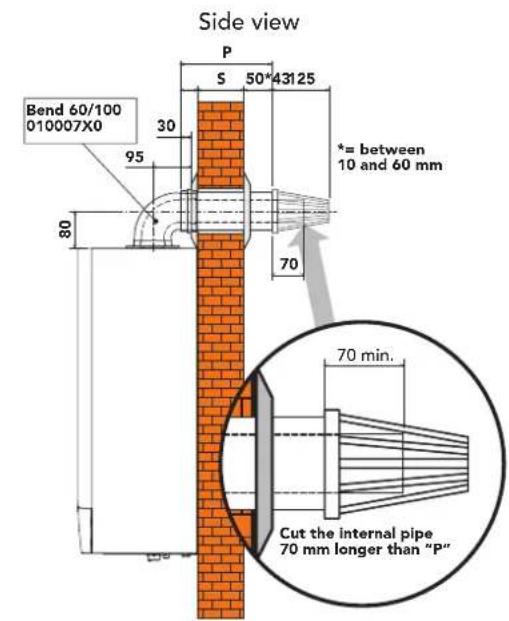Side view P S 50*43125 Bend 60/100 010007X0 30 95 80 70 *= between 10 and 60 mm 70 min. Cut the internal pipe 70 mm longer than "P"
