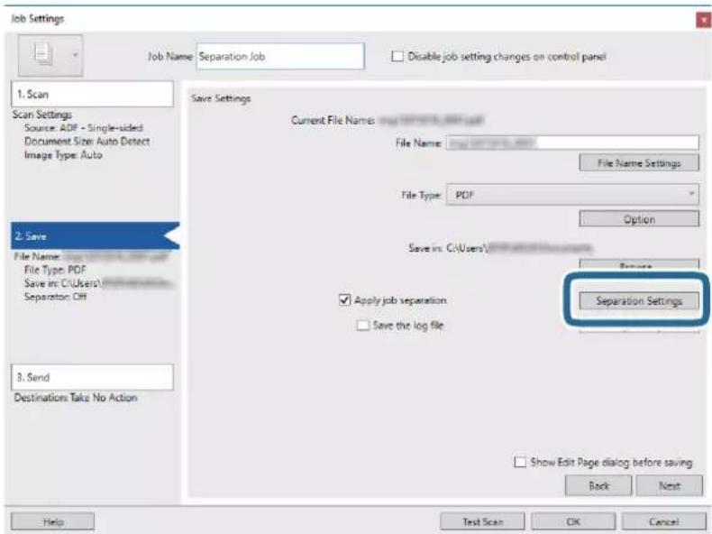 EPSON WorkForce DS-80W - Klik på Indstillinger for separation. - 1