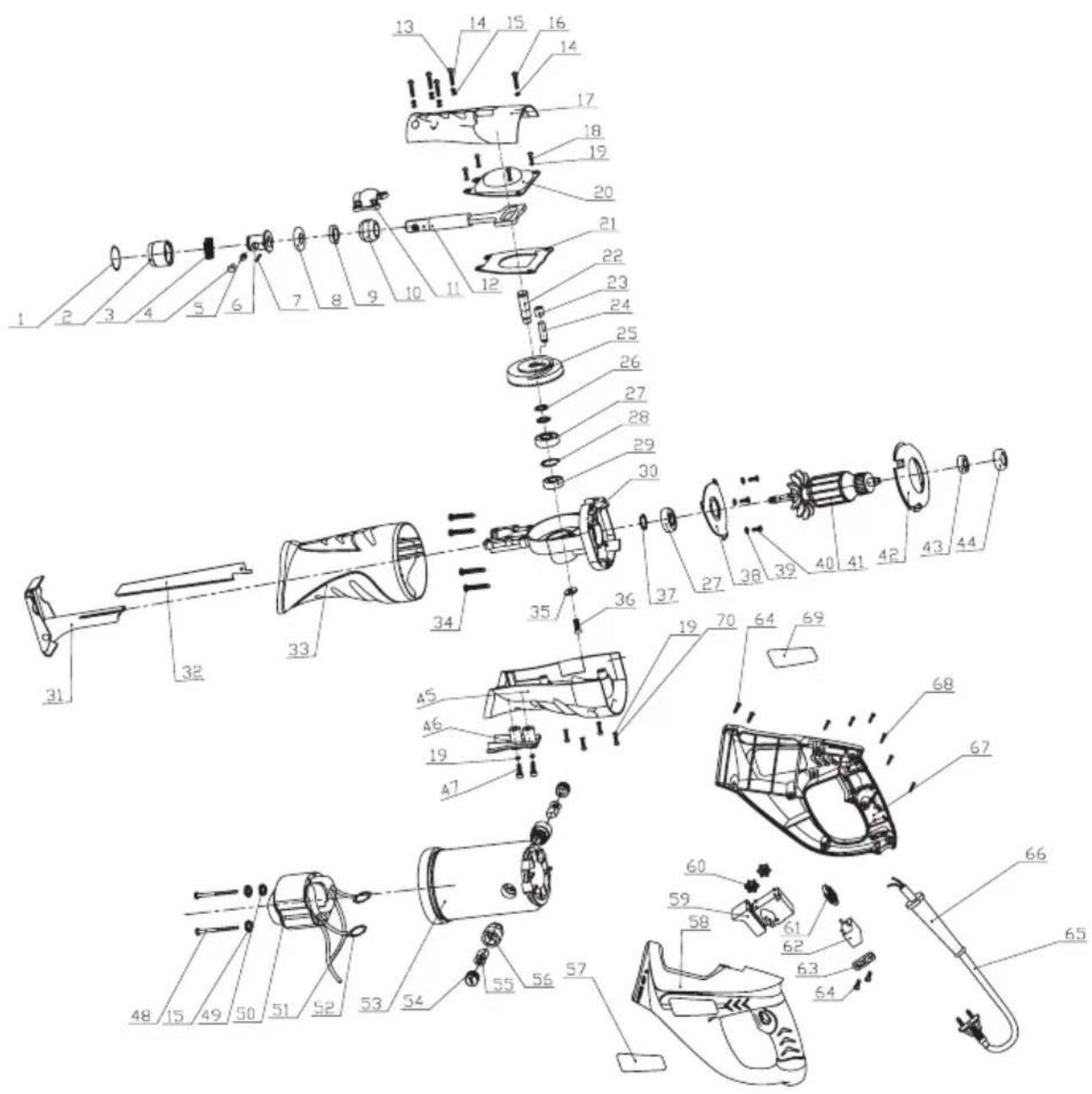 Exploded view diagram of a hairdryer with numbered parts for identification