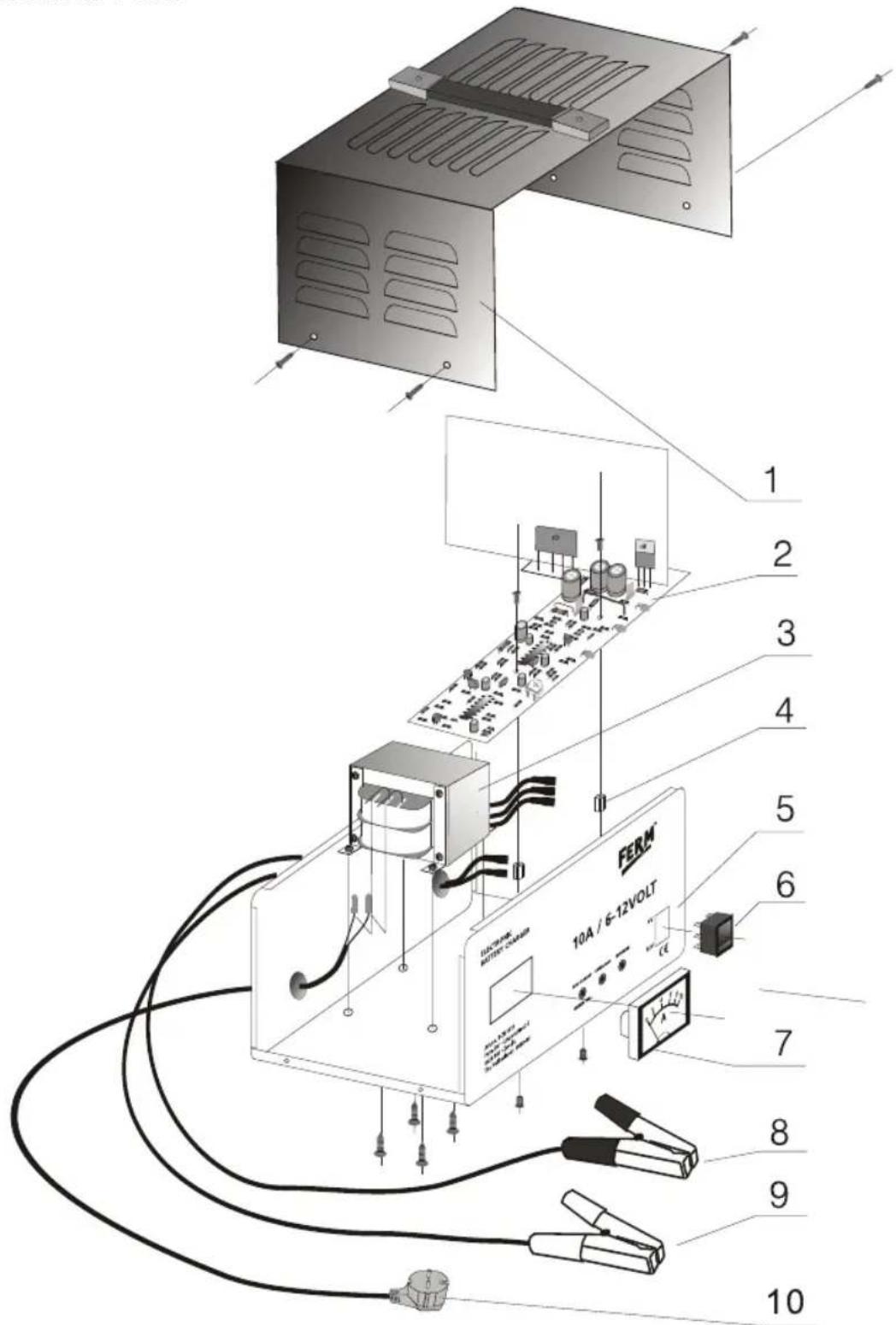 Exploded view diagram of an electronic device with labeled components including FERM 10A/6-12VOLT and various circuit boards and connectors.