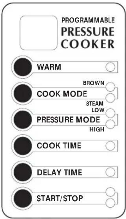 PROGRAMMABLE PRESSURE COOKER WARM BROWN COOK MODE STEAM LOW PRESSURE MODE HIGH COOK TIME DELAY TIME START/STOP