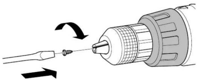 Diagram of a drill bit being inserted into a screwdriver, showing tool path and motion arrows (no text or symbols)