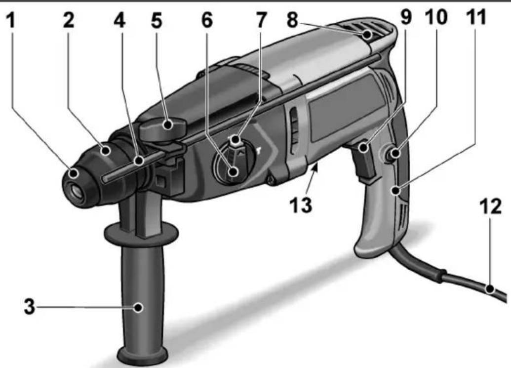 Labeled diagram of a drill bit with numbered parts for identification