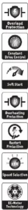 Overload Protection Constant Drive Control Soft Start Overheating Protection Restart Protection Speed Selection EC-Motor Technology